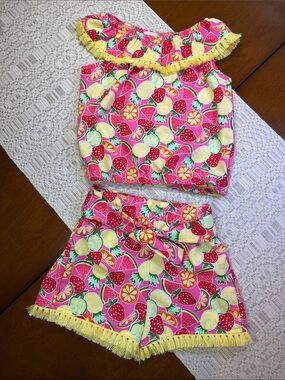 Girls’ Fruit Print Two-Piece Set with Yellow Fringe
